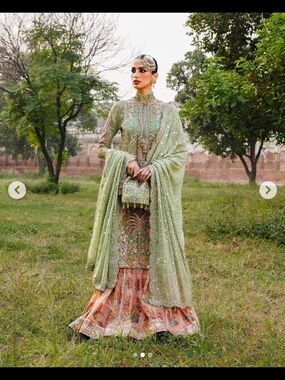 Embellished Pastel Green & Peach Long Sleeve Formal Dress